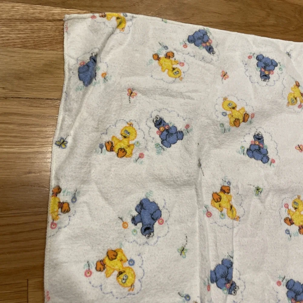 Vtg Sesame Street Baby Blanket Flannel Receiving White Big Bird Cookie Monster